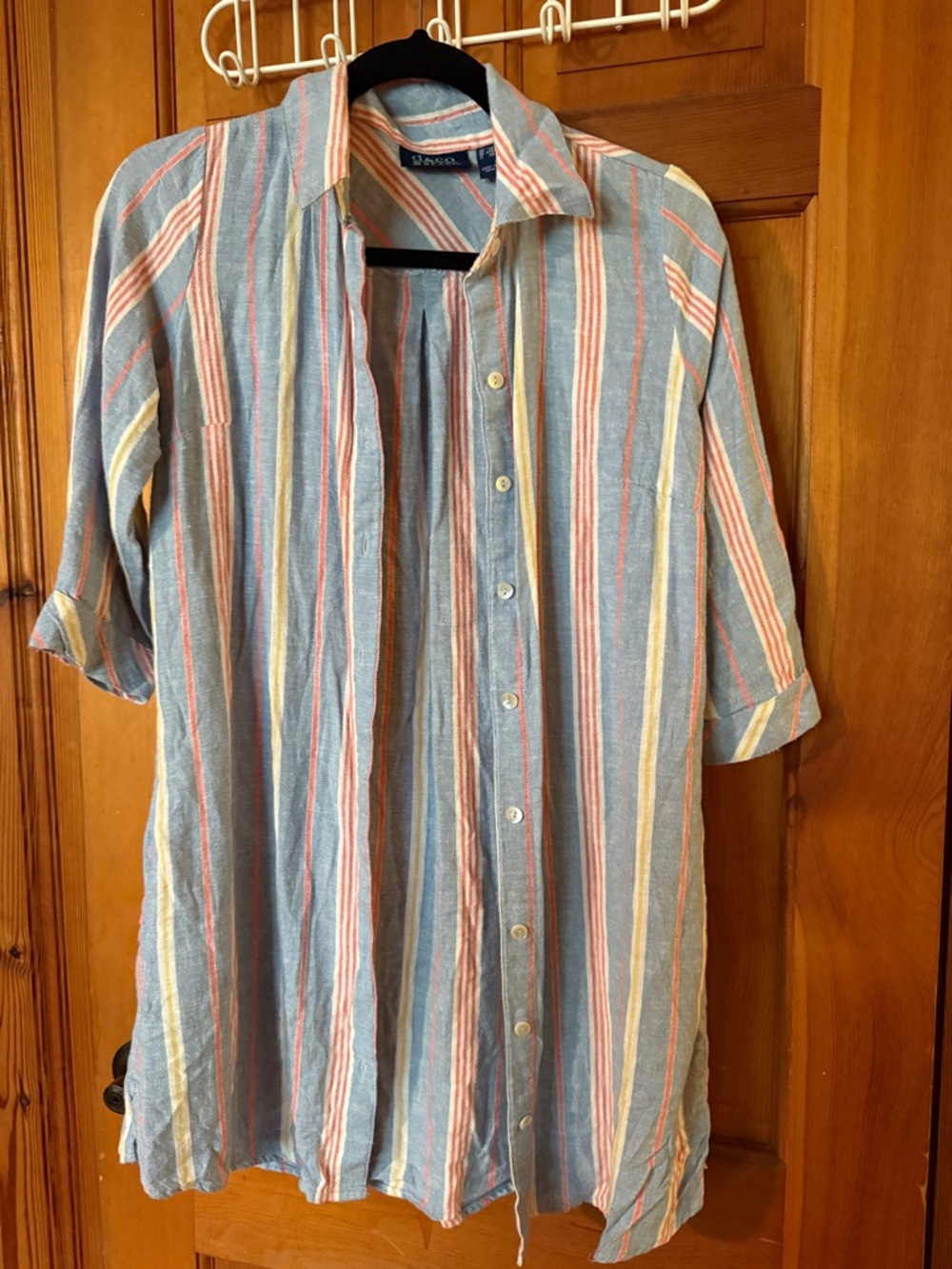 Linen beach cover up Button-Up Shirt - Blue with Multicolor Stripes